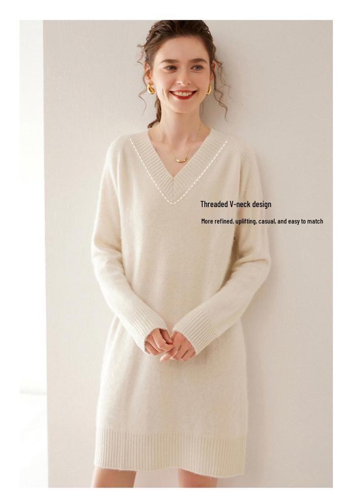 2024 Autumn Winter Women's V-Neck Cashmere Long Sleeve Sweater and Mid-Length Wool Skirt Set