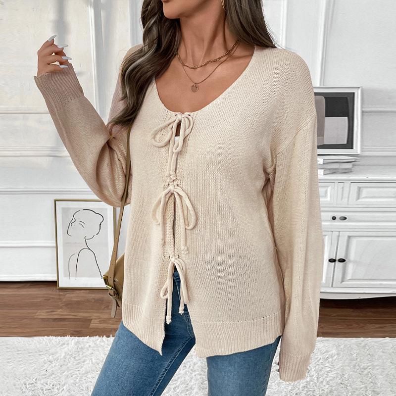2026 Autumn/Winter Casual Retro Lace-up Round Neck Knit Cardigan for Women