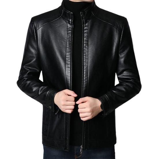 Kurtka męska ze stójką, klapami, długim rękawem, zamkiem błyskawicznym, zapięciem na guziki, kurtka ze skóry ekologicznej, pluszowa podszewka, płaszcz biznesowy