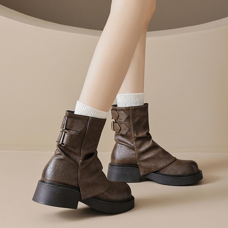 High Quality Retro Maillard Short Boots Women's Spring and Autumn Single Boots New Thick-soled Brown Trousers Knight Martin Boots