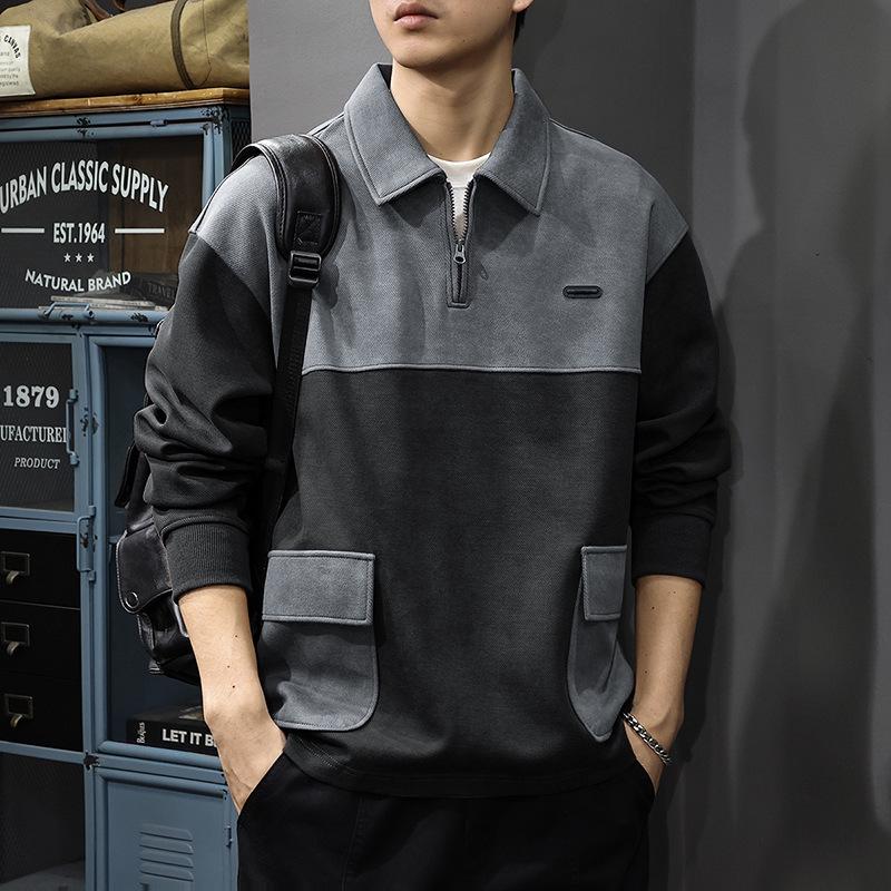 Men's Autumn Retro Lapel Hoodie - Trendy Loose-Fit Casual Knit Top, Long Sleeve Polo Style.