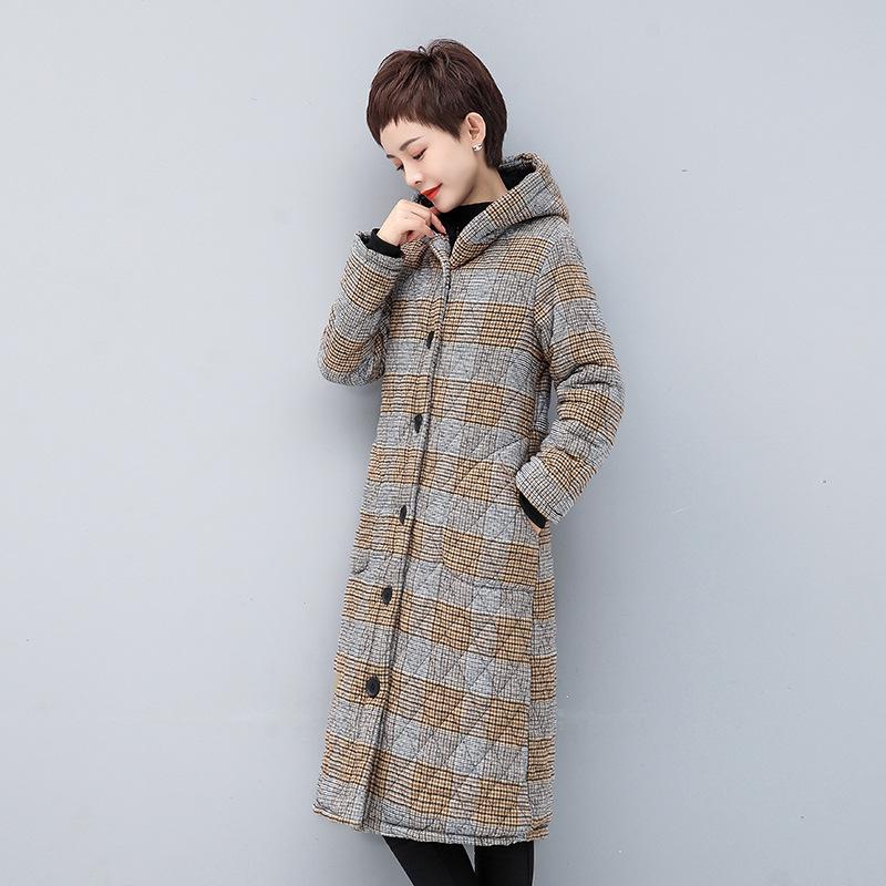 Women's Mid-length Plaid Cotton Coat - Velvet-lined, Thickened for Autumn/Winter