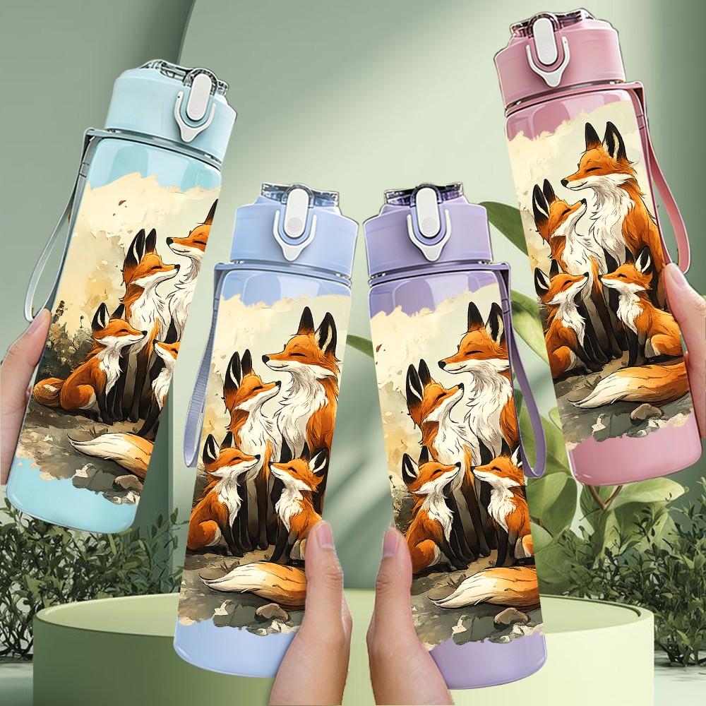 1 Stück Fuchswild Herbstwald Szene Druck 750ml Farbe Kunststoff Sport Wasserflasche Auslaufsicher Klappdeckel mit Strohhalm Geeignet für Sport Büro Heimgebrauch