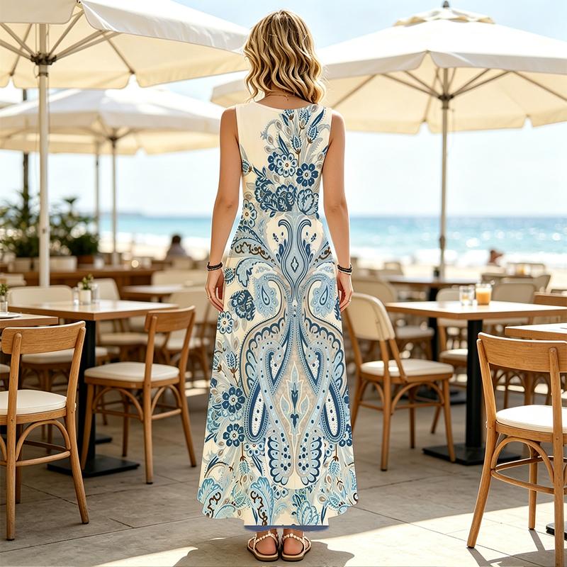 A-Line Maxi Dress,Sleeveless Elegant Floral Dress,Lightweight Fabric,Ideal for Summer Casual,Spring/Fall Layering & Social Gatherings,Versatile Style