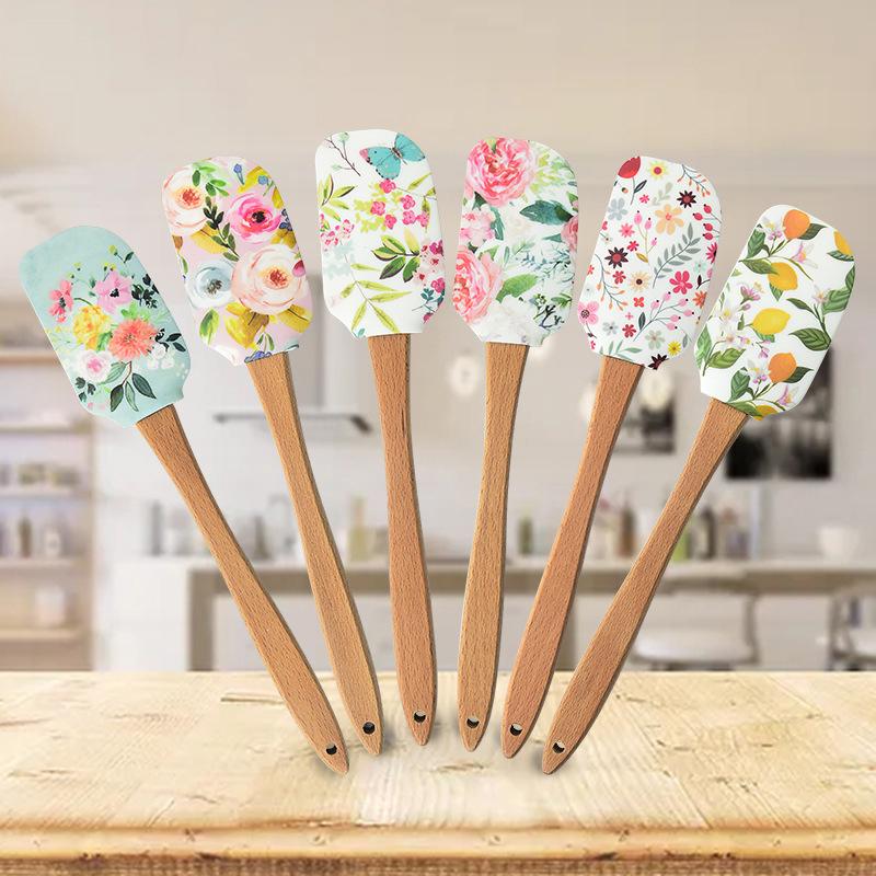 Antihaft-Silikon-Kochgeschirr mit Holzgriff Spatel Löffel Pinsel Sets Buntes Backen Küchenspatel Werkzeuge 30.5cm