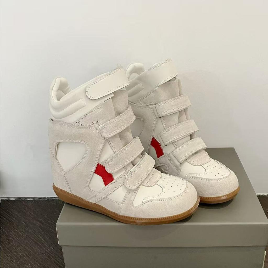 Chaussures montantes blanches en cuir véritable avec rehausse intérieure de 7 cm pour femmes Automne Nouvelles Chaussures de sport décontractées à velcro