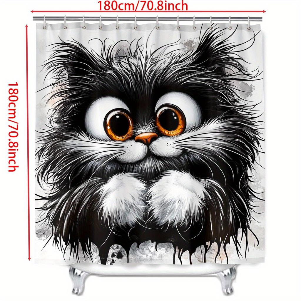 Cute Black And White Cat Shower Curtain Fluffy Kitten Art Cartoon Design Pet Lover Decor Waterproof Fabric Bath Curtain Set Home