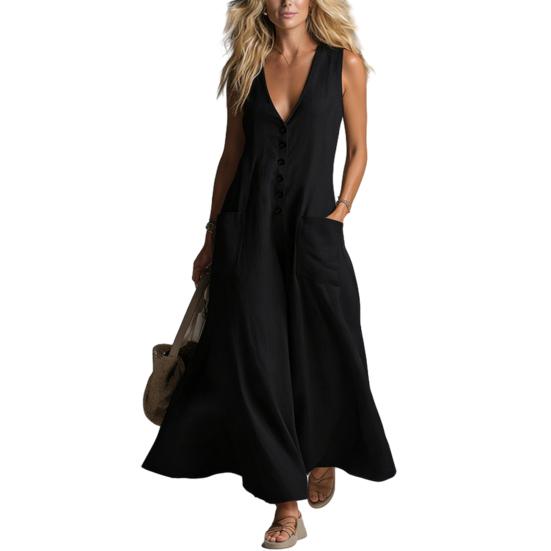 Женское длинное платье с V-образным вырезом, летнее, без рукавов, А-силуэта, расклешенное, повседневное, на пуговицах, струящееся, пляжное платье-сарафан с карманами XXXL