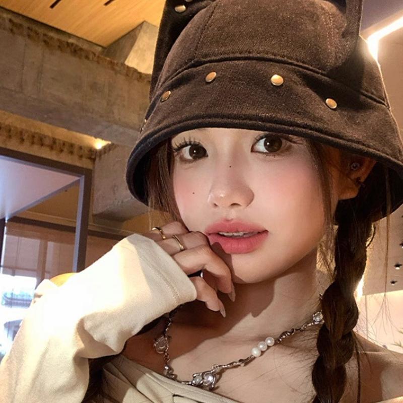 Niedlicher Lustiger Katzenohren Fischerhut Vintage Nieten Vielseitiger Lässiger Fischerhut