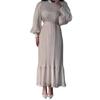 A-Line Evening Dress for Women with Pleated See-through Mesh Lantern Sleeves Stand Collar Tight Waist Ruffle Patchwork Long Maxi Dress