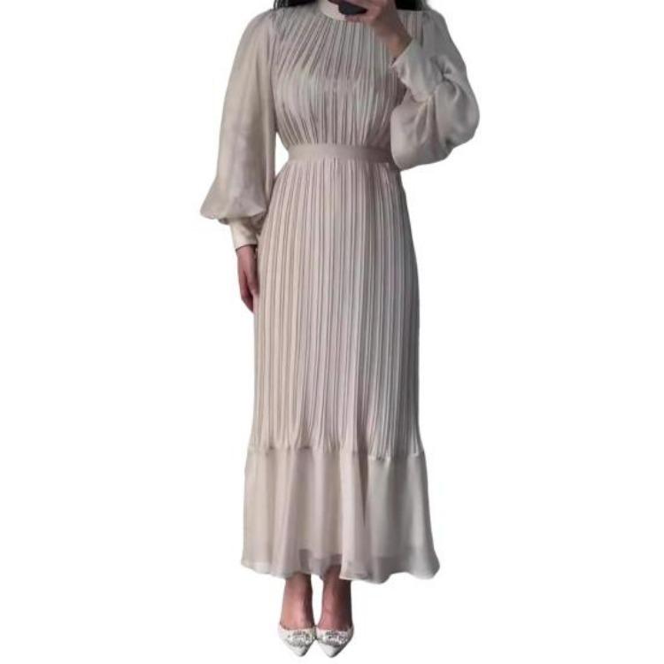 A-Line Evening Dress for Women with Pleated See-through Mesh Lantern Sleeves Stand Collar Tight Waist Ruffle Patchwork Long Maxi Dress