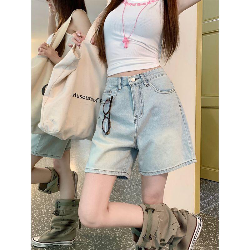 Kumikumi Retro Washed Denim Fifth Pants Women High Waist Loose Straight Wide Leg Pants Shorts