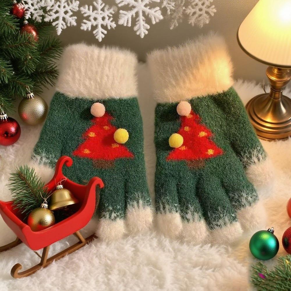 Elastische Kinder Winterhandschuhe Warme Plüsch Fünffingerhandschuhe Stilvolle Weihnachtsbaumhandschuhe Frauen