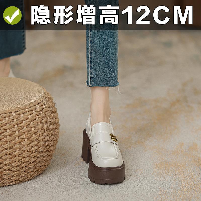 Thick sole super high heel female small man inner height increase 12cm muffin shoes white uniform small leather shoes British