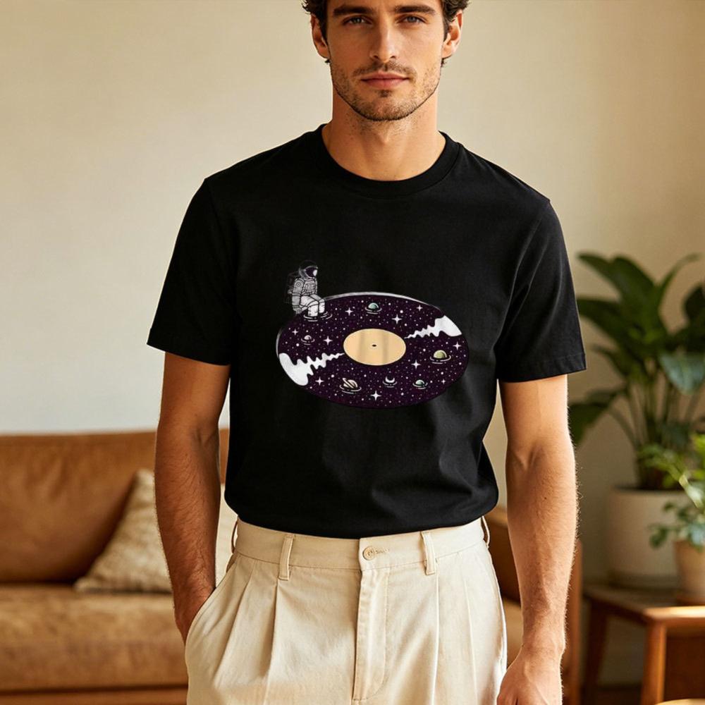 Astronaut On Space Vinyl Record Graphic TShirt Retro Astronaut Galaxy Vinyl Record Print Shirt Unisex Crewneck Cotton Short Sleeve