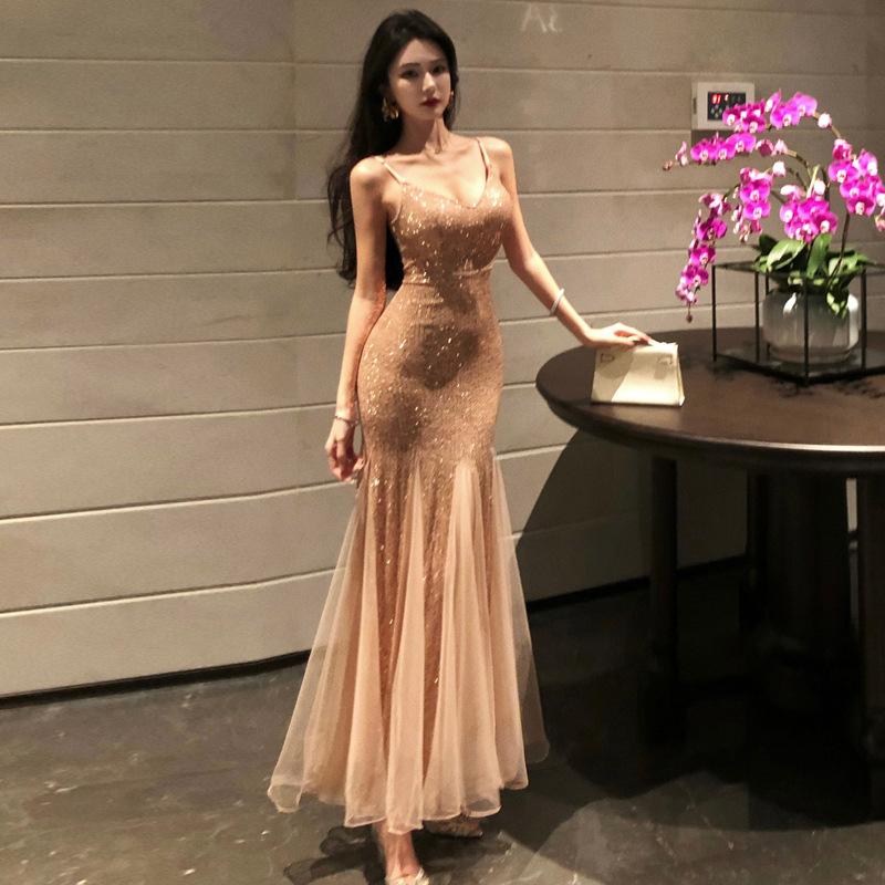 Summer New Heavy Industry Sequined Stitching Mesh Fishtail Skirt Seaside Vacation Suspender Dress Birthday Dress Morning Robe S