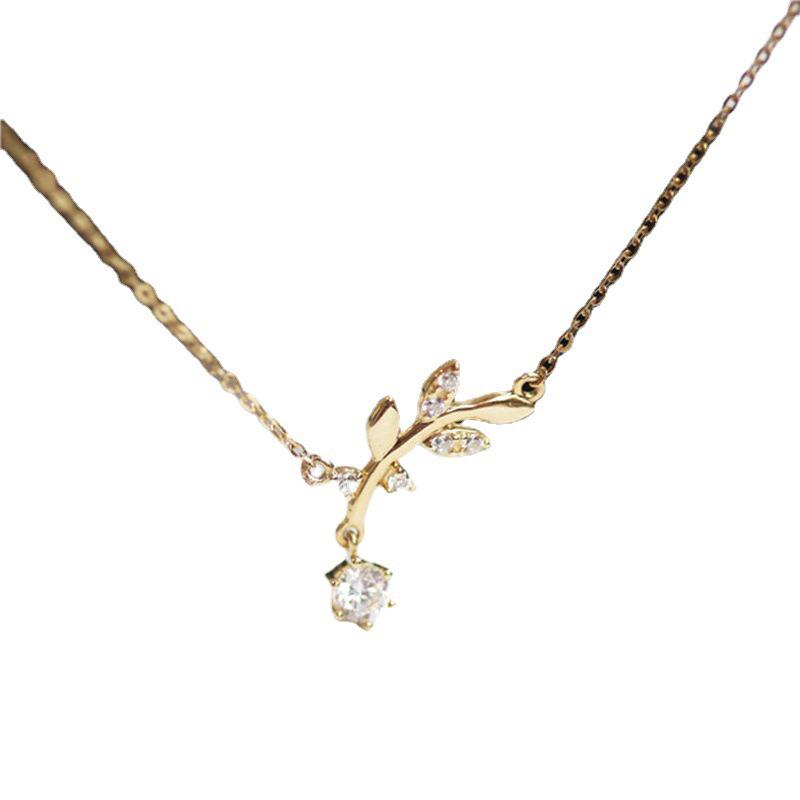 Vergoldete S925 Sterling Silber Olivenzweig Diamant Halskette für Damen