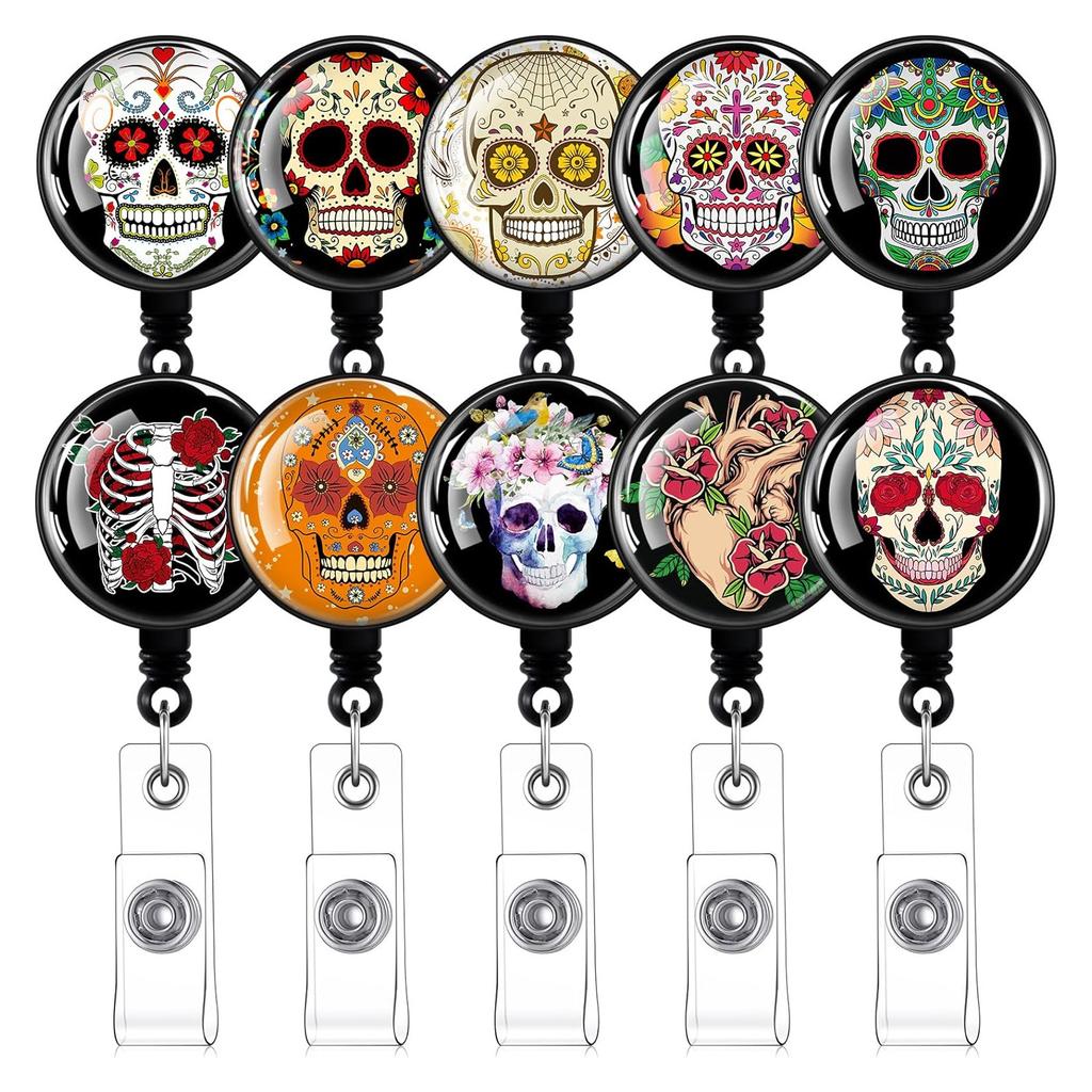 Halloween Skull Badge Reel Holder Clips Retractable Keychain Mexican Day Of The Dead Id Badge Reel Key Chain For Doctor Nurse