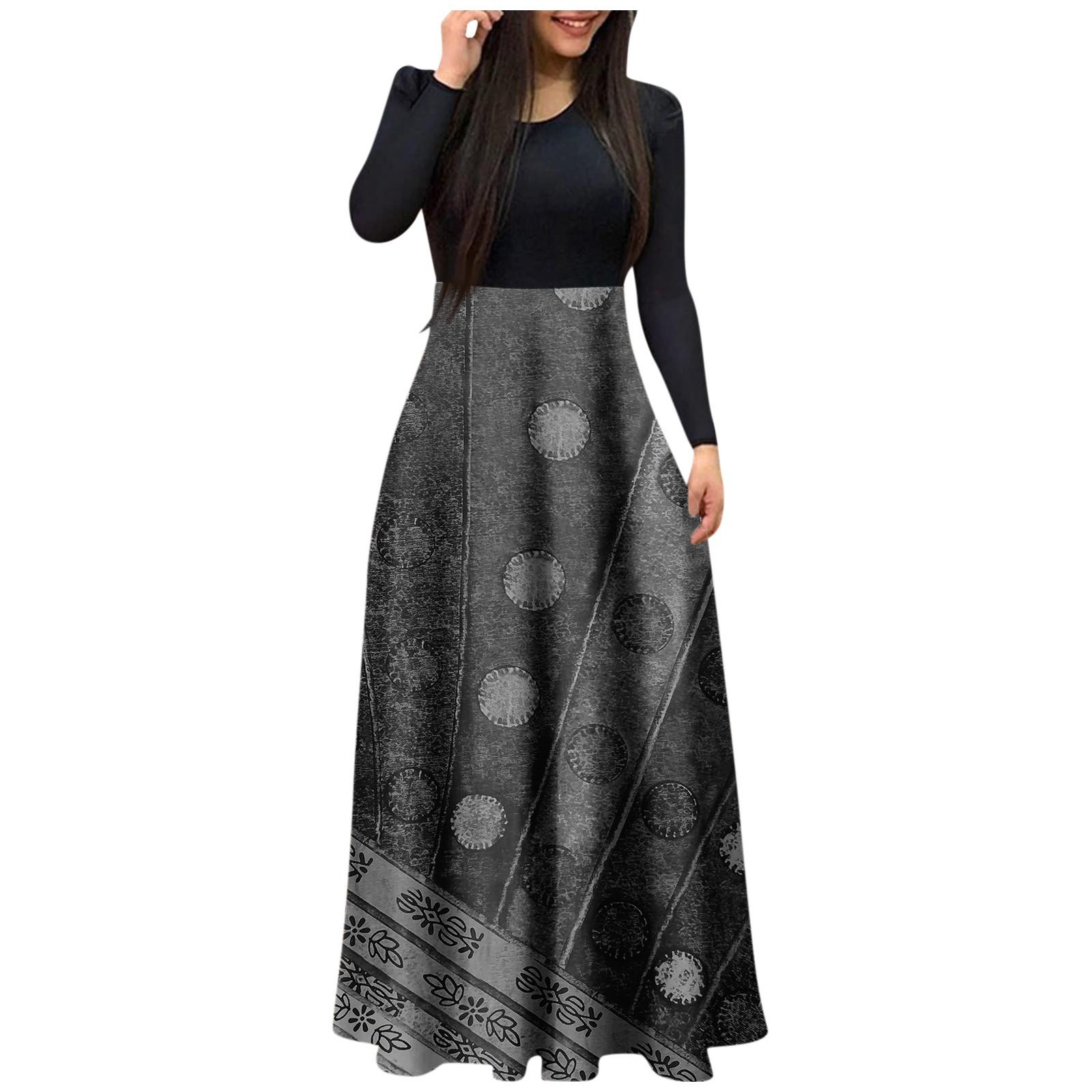 

Женское модное повседневное платье длиной до пола с круглым вырезом и длинным рукавом XL серый