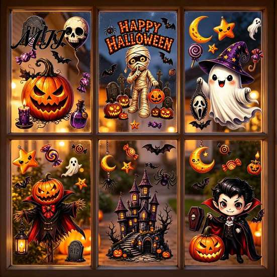 Decorative Vampire Clings Halloween Static Window Clings, Pumpkin Ghost Mummy Cartoon Decals, Easy Paste Art Self-Adhesive for Glass Door Mirror Shop