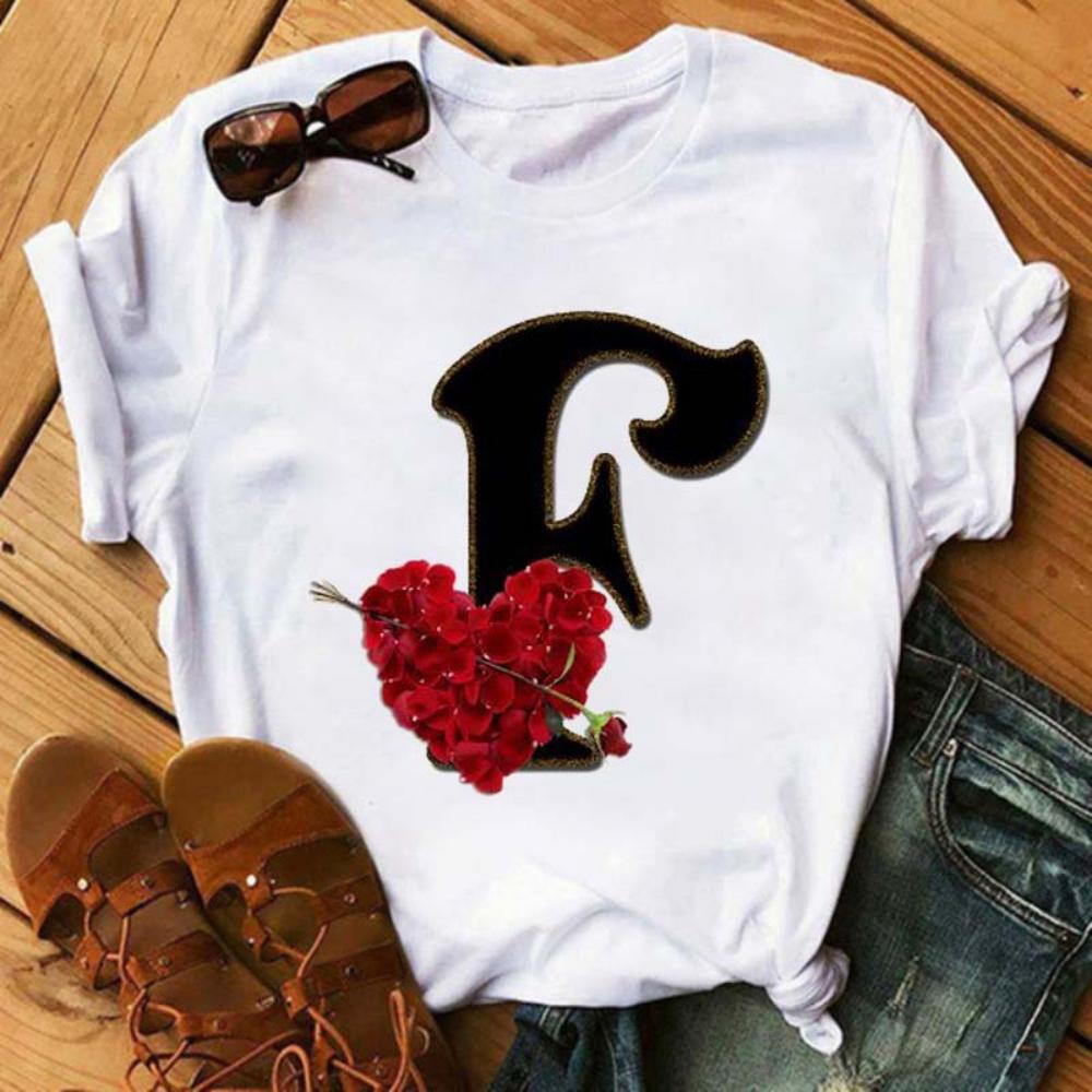 Rose ABC Alphabet Graphic Print White Tee Women Casual Loose Oversize Shirt Top Daily Wear Durable Plus Size Short Sleeve