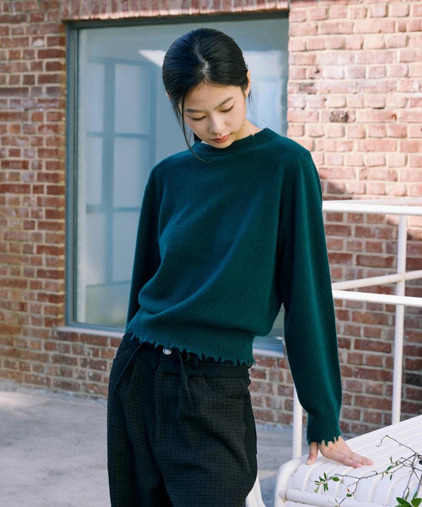 SHINE ON YOU Premium 100% Cashmere Frey Edge Round Neck Knit_Forest Teal