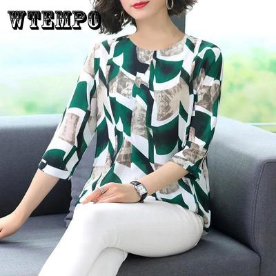 Printed Top Women's Three-quarter Sleeve Spring and Autumn T-shirt Round Neck Loose Top