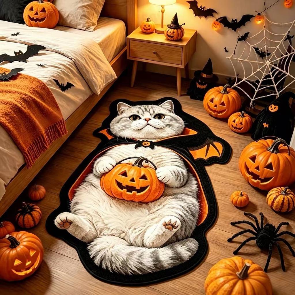 Halloween Carpet Halloween Wizard Orange Cat Irregular Bath Mat Non Slip Water Absorbent Bedroom Entrance Holiday Home Decor Rug
