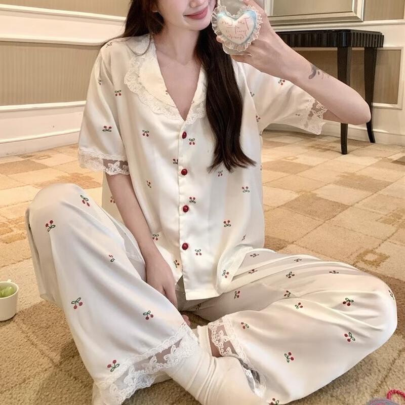 GUJIN Women s Sweet Ice Silk Lace V-Neck 3-Piece Pajama Set XL