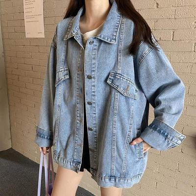 Chaqueta vaquera clásica de talla grande para mujer, lisa, de manga larga, de longitud media, con puños rizados, blusa ajustada azul, abrigo vaquero de primavera para mujer para trabajo de oficina