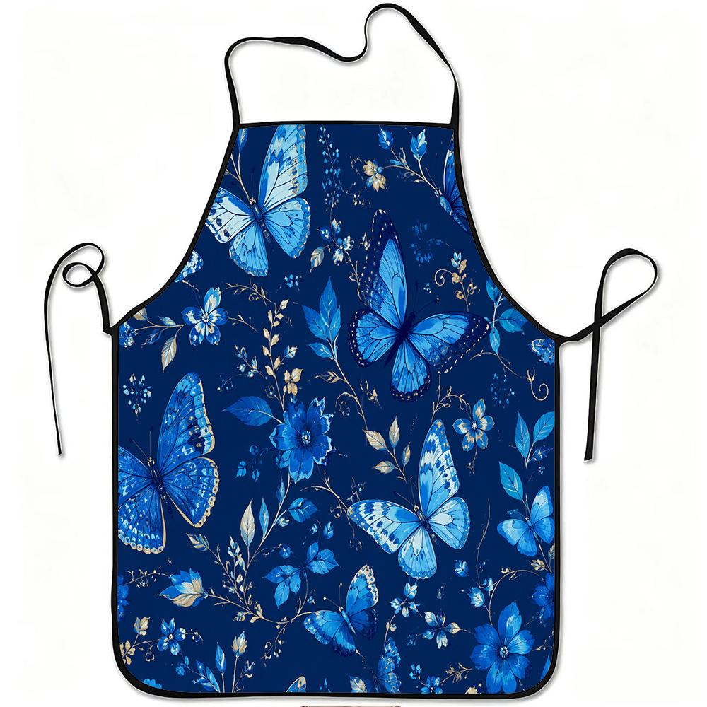 1pc Blue Butterfly And Floral Pattern Print Apron, Durable And Easy To Clean, Adjustable Waistband, Polyester Material, for Kitchen Cooking, Gardening
