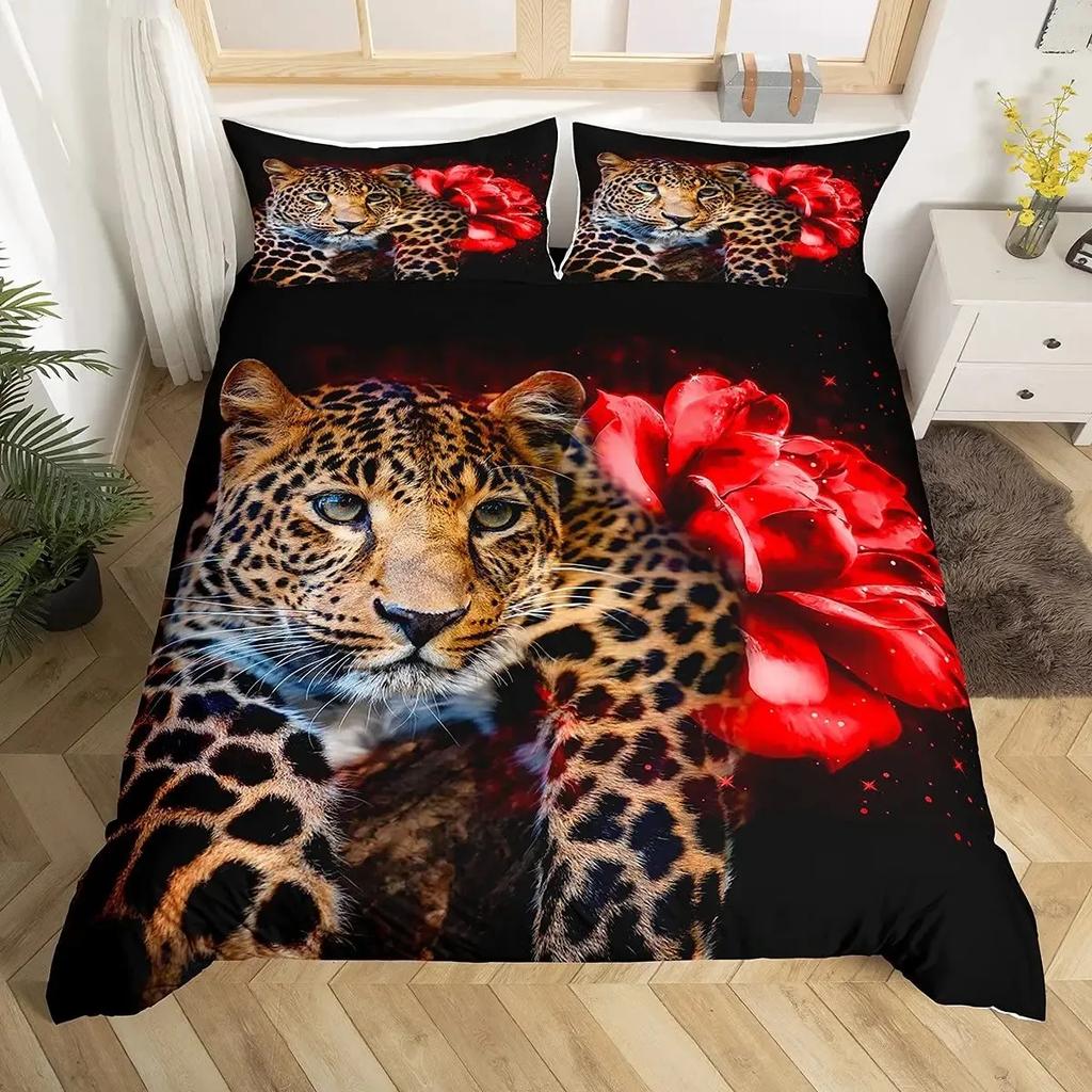 Leopard Duvet Cover Set Red Rose Bedding Sets Safari Animals Print Comforter Cover Rose Flowers Cheetah Quilt Cover King Size