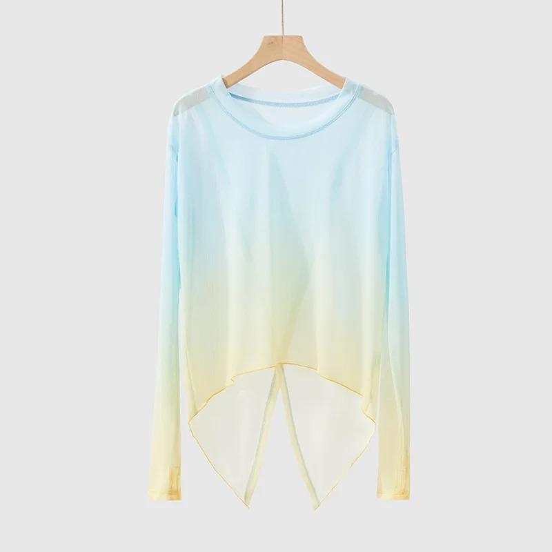 Gradient Gauze Women Classical Dance Practice Thumb Finger Hole Long Sleeve Folk Dancewear Sexy Transparent Asymmetrical