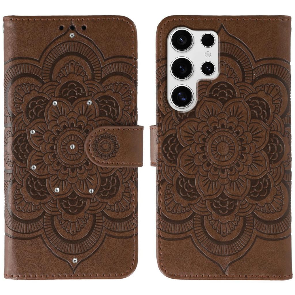 For Samsung Galaxy S24 Ultra Case Rhinestone Decor PU Leather Mandala Imprinted Design Phone Cover with Wrist Strap
