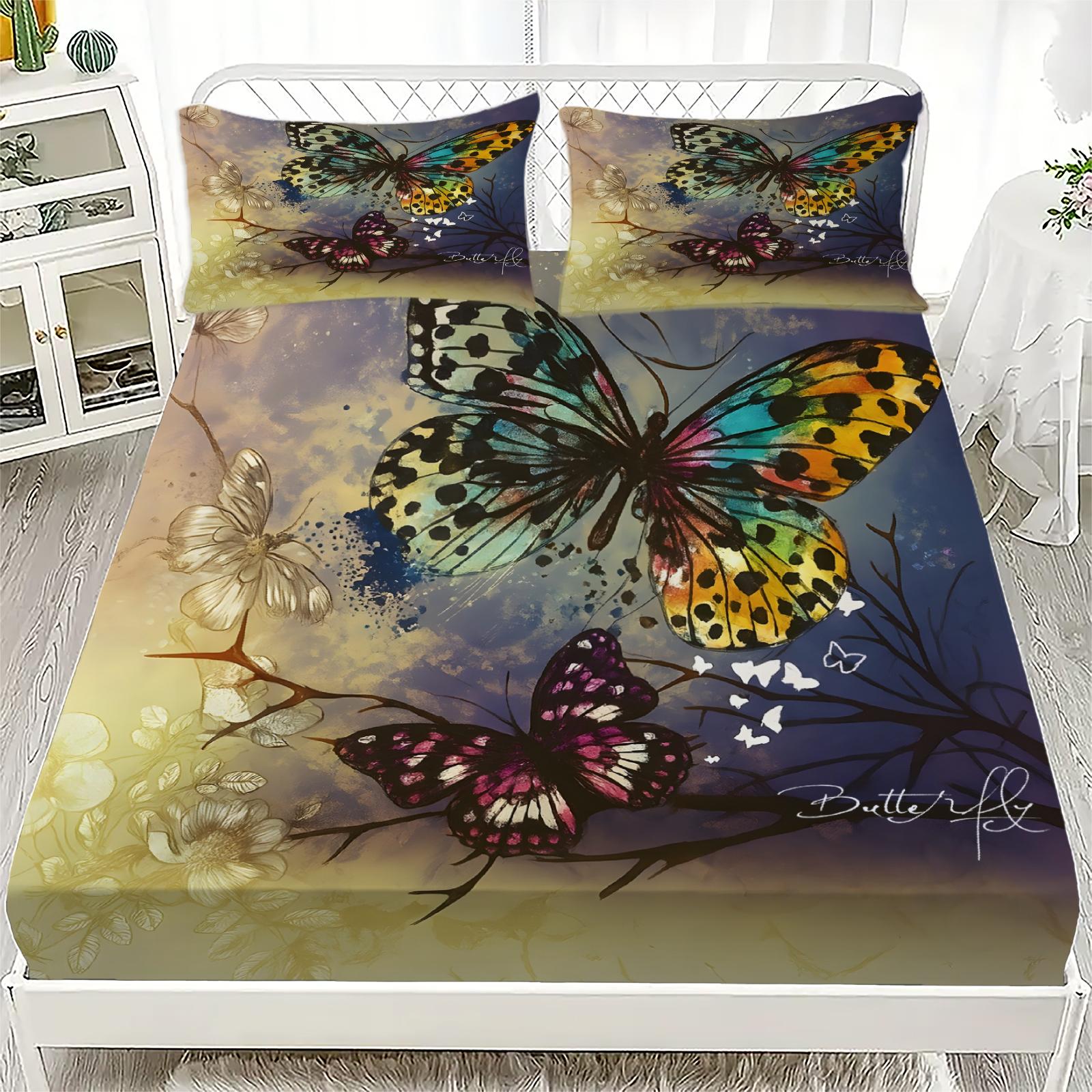 

1PC Butterflies Bed Sheet Soft Digital Print Fitted Sheet Without Pillowcase Halloween Decor Gift For Girls Bedroom Bed Linen 90x200x25cm