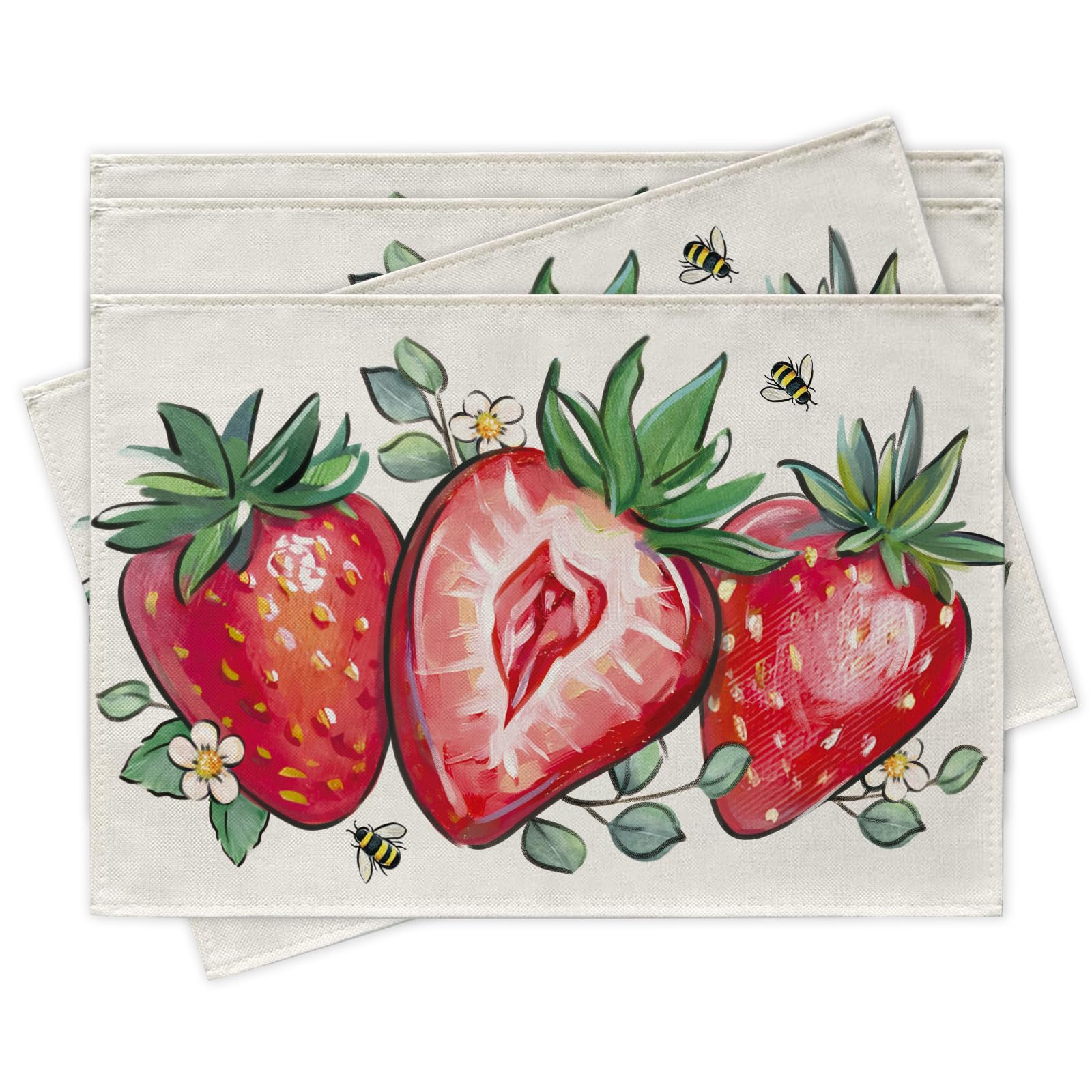 

Spring Summer Strawberry Placemats Set of 4, Red Fruit Bee Dining Place Mats Table Decor, Seasonal Home Kitchen Decoration 12 x 18 Inch 4Pcs-12 X18