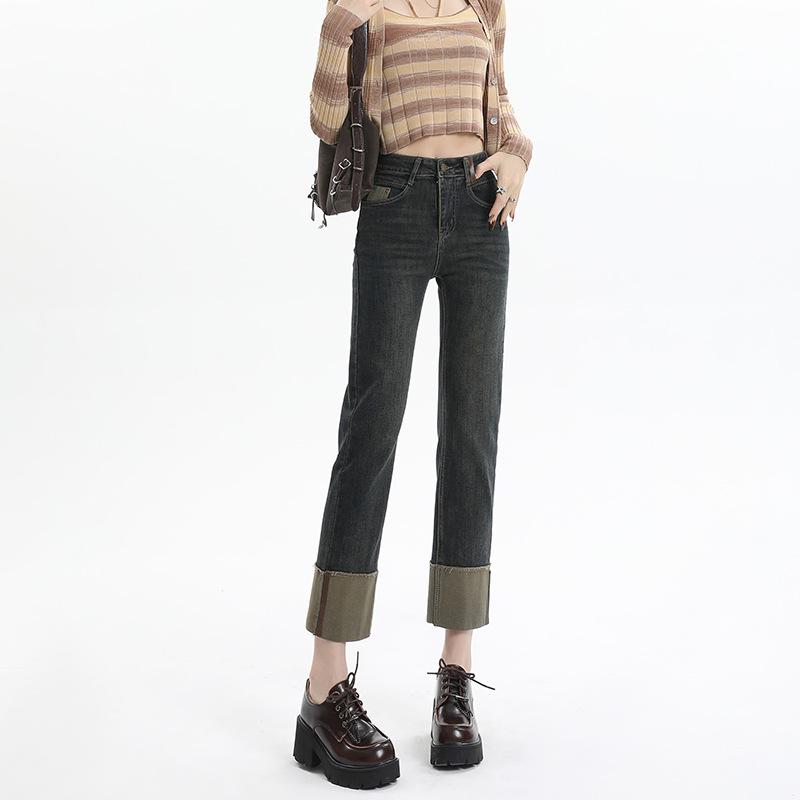

Women s Cement Gray High Waist Slimming Straight Leg Jeans - Autumn Winter, Plus Velvet, Petite Cropped Cigarette Pants. L