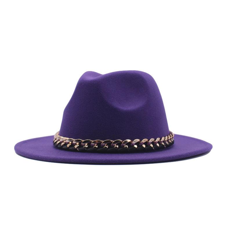 European, American Autumn and Winter British Style Fashionable and Elegant Flat-brimmed Big Eaves Hat Top Hat Men and Women Chain Jazz Woolen Hat