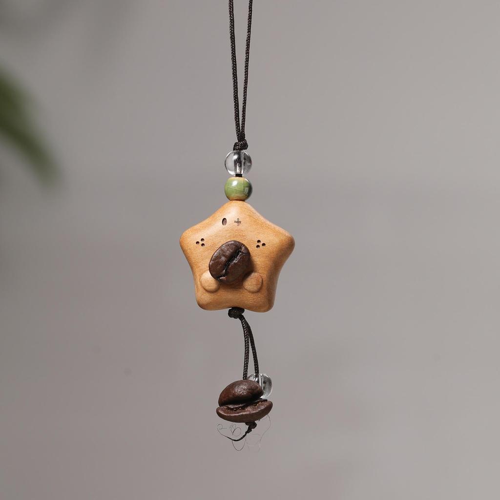 Peach Wood Coffee Bean Bear Pendant Keychain & Necklace Accessory