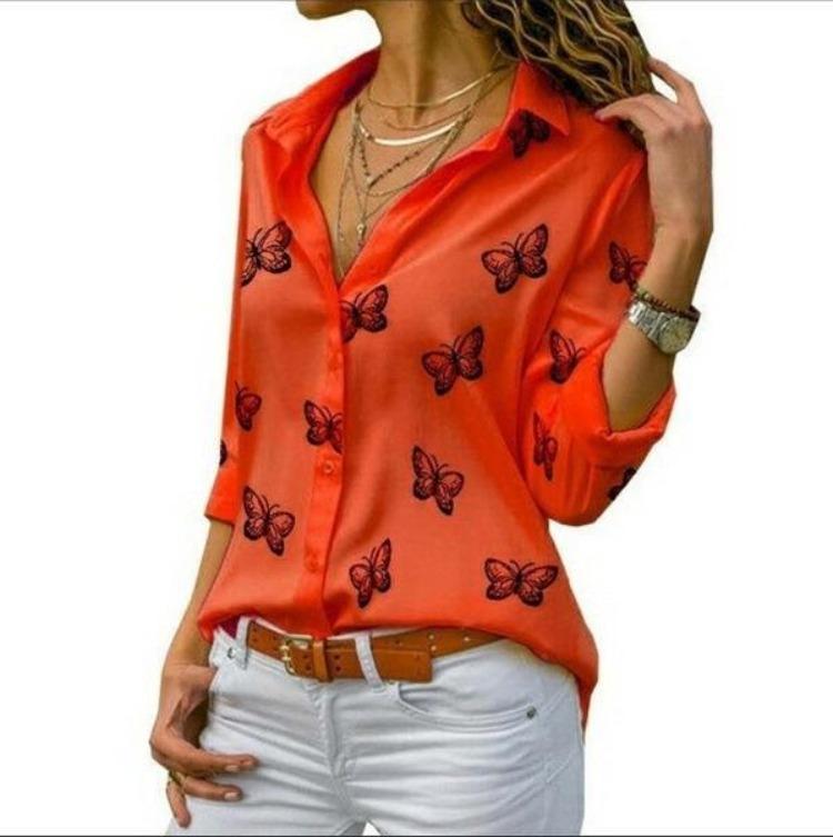 

Butterfly Print Lapel Style Shirt Women Loose Fit 5XL червоний