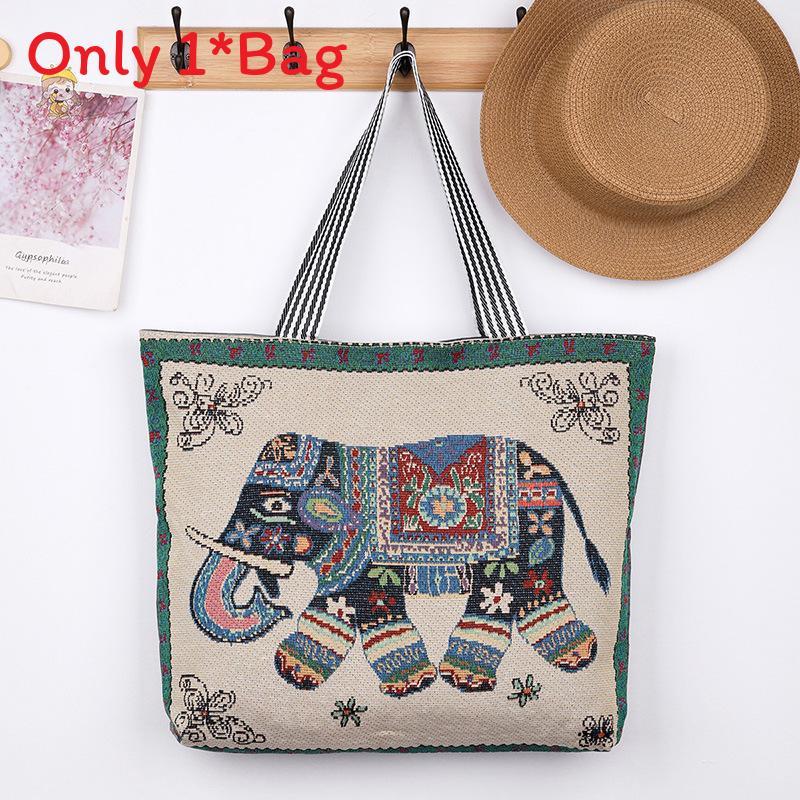 Elephant Hello Kitty Butterfly Embroidered Canvas Tote Bag With Seamed Stitching For Daily Use