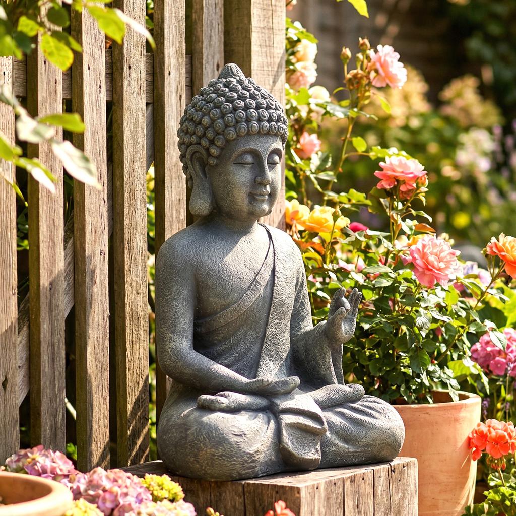 Garden Statue, Seated Buddha, Magnesium Oxide, 32 x 23 x 51 cm, Dark Grey