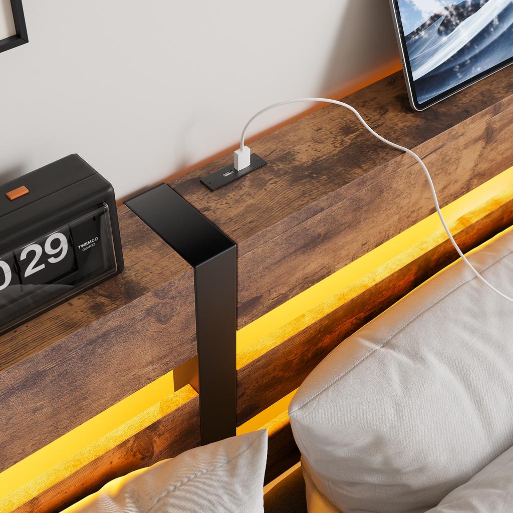 140x190 Bed Frame with LED Lighting and USB Charging Station, Metal Bed Frame Without Mattress, with Storage Under the Bed