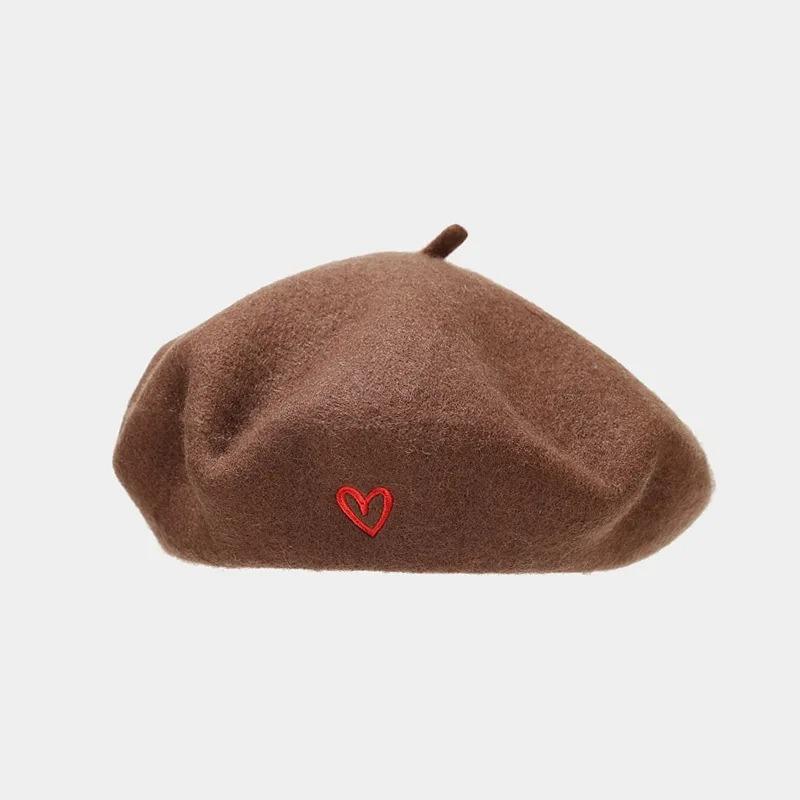 Love Embroidered Wool Beret Cap for Women England Vintage Painter Hat Thicke Warm Solid Berets Female Elegant Woolen Newsboy Cap Vintage Painter Cap