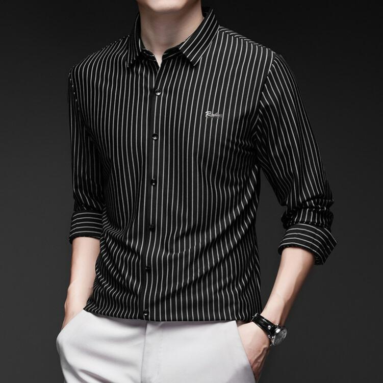 Spring and Autumn Men's Seamless Ice Silk Long-sleeved Shirt, High-end Dad Wear, Non-iron, Anti-wrinkle Casual Striped Shirt