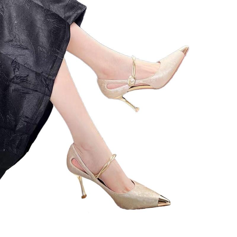 Chaussures Femme Slip-on Talons Hauts Mode Escarpins Robe Femme Imprimé Perle Bout Pointu Talons Fins Creux Sandales Femme