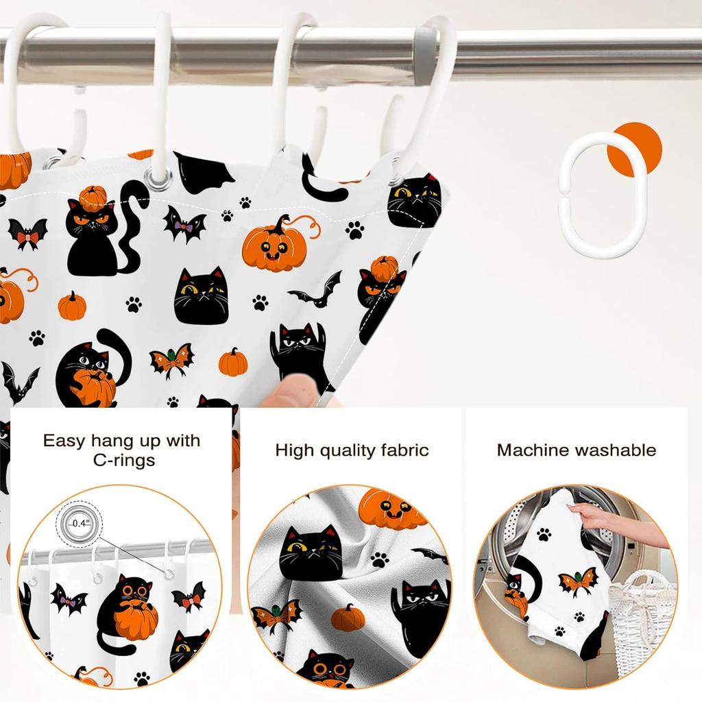 Halloween Shower Curtain Cute Black Cat Pumpkin Ghost Shower Curtain For Halloween Bathroom Decor Waterproof Fabric Bath
