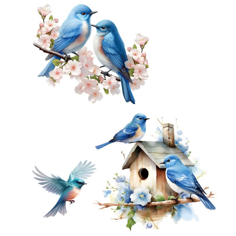 Blue Bird Nest Wall Sticker Removable Plant Flowers Bathroom Toilet Cover Refrigerator Door Cabinet Door Window Home Decor