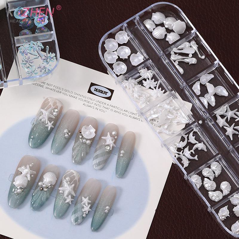 12 Grids/Box Aurora Nail Art Charms  Shell Starfish Mermaid Tail 3d Nail Art Accessories For A Dreamy And Oceanic Manicure Look