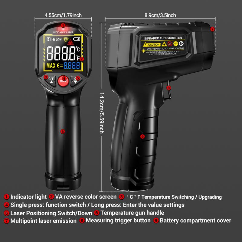 Infrared Thermometer Non-contact Temperature Sensing Gun -50°C to 600°C (-58°F~1112°F) with Adjustable Emissivity for Car